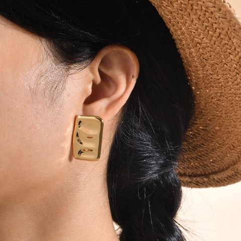French Style Stainless Steel Wrinkled Rectangular Stud Earrings Gold Plated Hammered Texture Fashion Jewelry For Women