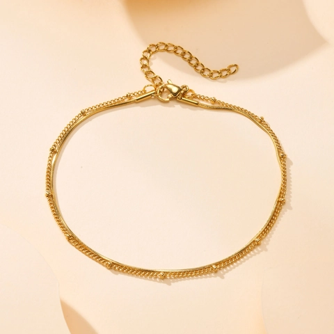 18K Vergoldetes Edelstahl Doppel-Fußkettchen Für Damen Schlangenkette Mit Perlen Verstellbarer Fußschmuck