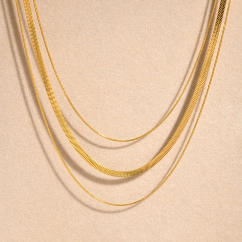 Minimalist Stainless Steel Layered Necklace Set For Women 18K Gold Plated Round And Flat Snake Chain Herringbone Necklace Fashion Jewelry