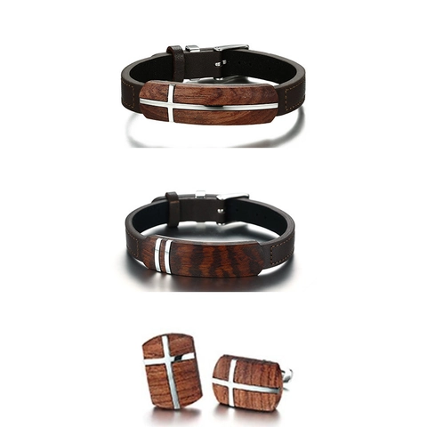 Vintage Uomo Set Bracciale e Gemelli in Acciaio Inox con Intarsio in Palissandro Cinturino in Pelle Marrone Croce Gioielli Geometrici