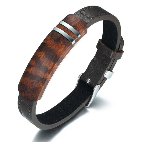 Vintage Uomo Set Bracciale e Gemelli in Acciaio Inox con Intarsio in Palissandro Cinturino in Pelle Marrone Croce Gioielli Geometrici
