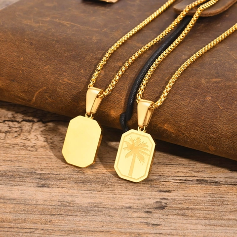 Collar con Colgante de Palmera Tropical de Acero Inoxidable Joyería de Etiqueta Rectangular para Hombre Mujer Regalo