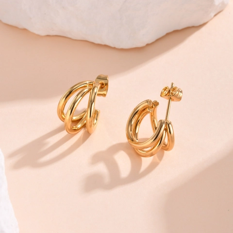 Pendientes de Aro en Forma de C de Triple Capa de Acero Inoxidable Para Mujer Minimalistas Bañados en Oro Joyería de Moda