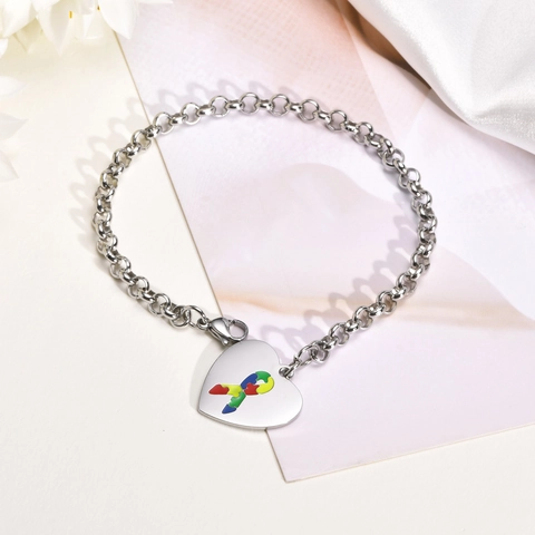 Edelstahl Herz-Anhänger Armband Mit Autismus-Bewusstsein Puzzle-Band Polierte Ankerkette Für Damen Mode Schmuck