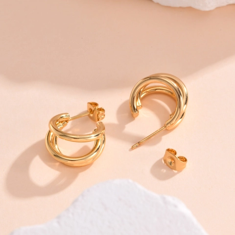 Pendientes de Aro en Forma de C de Triple Capa de Acero Inoxidable Para Mujer Minimalistas Bañados en Oro Joyería de Moda