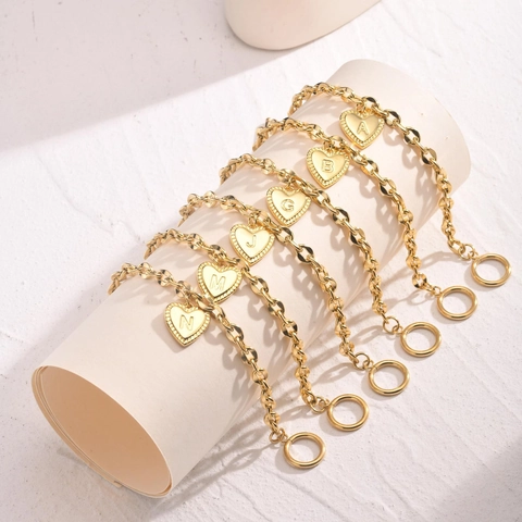 Stainless Steel Heart Initial Letter Pendant Bracelet For Women Gold Plated Toggle Clasp Cable Chain Elegant Fashion Jewelry Gift