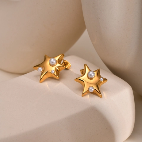 Orecchini a Bottone a Stella in Acciaio Inossidabile Con Perla Artificiale Rotonda Oro Geometrici Minimalisti Donna Gioielli