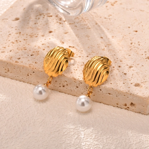Stainless Steel Shell Texture Artificial Pearl Drop Earrings Wave Pattern For Women Gold Plated Fashion Commuter Jewelry
