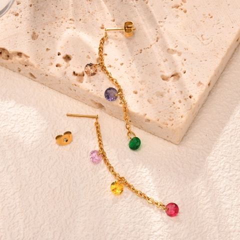 Women Fashion Stainless Steel Multicolor Rhinestone Tassel Earrings Gold Plated Geometric Long Chain Dangle Earrings Jewelry