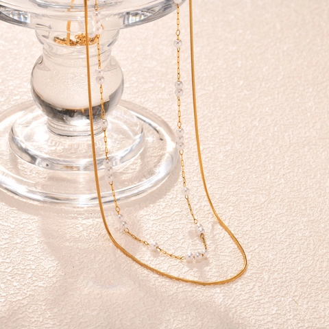 Damen Edelstahl Doppelschicht Künstliche Perle Schlangenkette Halskette Gold Ton Mode Einfache Mehrreihige Schmuck Halskette