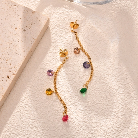 Women Fashion Stainless Steel Multicolor Rhinestone Tassel Earrings Gold Plated Geometric Long Chain Dangle Earrings Jewelry