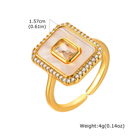 Anillo de Cobre Cuadrado Geométrico Vintage para Mujer Chapado en Oro Con Concha Blanca y Diamantes de Imitación Anillo Abierto Ajustable Joyería