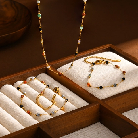 Set Di Gioielli In Acciaio Inossidabile Con Perle In Pietra Naturale Colorate Placcato Oro Collana Bracciale Cavigliera Donna