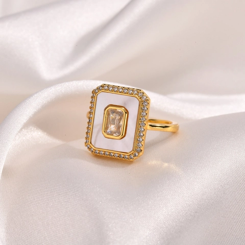 Anillo de Cobre Cuadrado Geométrico Vintage para Mujer Chapado en Oro Con Concha Blanca y Diamantes de Imitación Anillo Abierto Ajustable Joyería