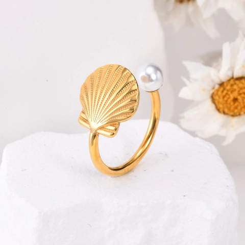 Anello Aperto in Acciaio Inossidabile con Conchiglia e Perla Artificiale per Donna Placcato Oro Regolabile Tema Oceano Gioielli