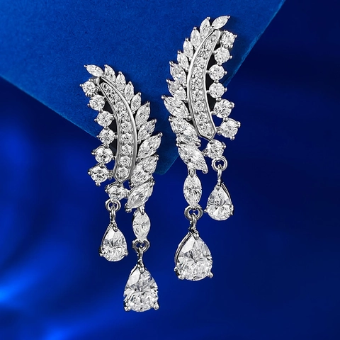 925 Sterling Silver Feather Wing Dangle Earrings For Women Luxury Marquise Cut Pave Rhinestone Water Drop Pear Shape Pendant Jewelry