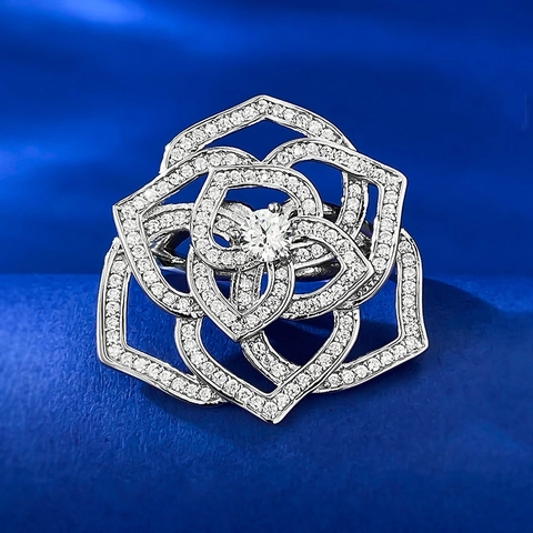 Elegant 925 Sterling Silver Camellia Flower Ring For Women Luxurious Rhinestone Inlaid Rose Finger Ring Fashion Jewelry