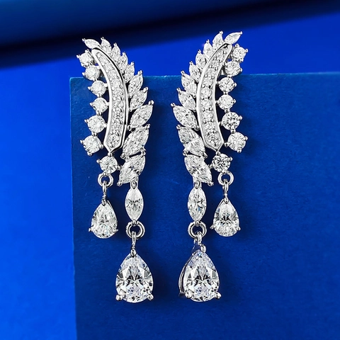 925 Sterling Silver Feather Wing Dangle Earrings For Women Luxury Marquise Cut Pave Rhinestone Water Drop Pear Shape Pendant Jewelry