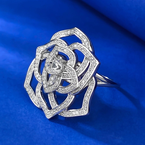 Elegant 925 Sterling Silver Camellia Flower Ring For Women Luxurious Rhinestone Inlaid Rose Finger Ring Fashion Jewelry