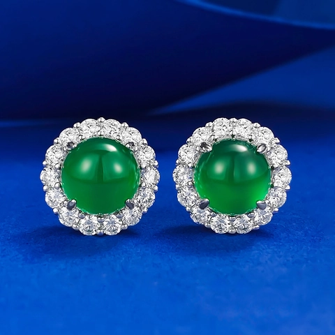 Pendientes de Botón de Plata de Ley 925 de Lujo con Calcedonia Verde Simulada Elegantes Pendientes Halo Redondos de Strass para Mujer