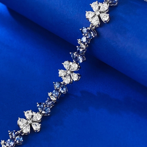 Luxurious 925 Sterling Silver Flower Bracelet For Women Blue White Rhinestone Inlaid Elegant Floral Commuter Jewelry Gift