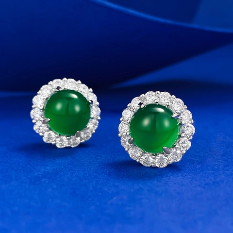 Pendientes de Botón de Plata de Ley 925 de Lujo con Calcedonia Verde Simulada Elegantes Pendientes Halo Redondos de Strass para Mujer
