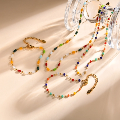 Stainless Steel Gold Plated Rainbow Beaded Necklace Bracelet Set Faceted Colorful Geometric Square Bead Jewelry For Women