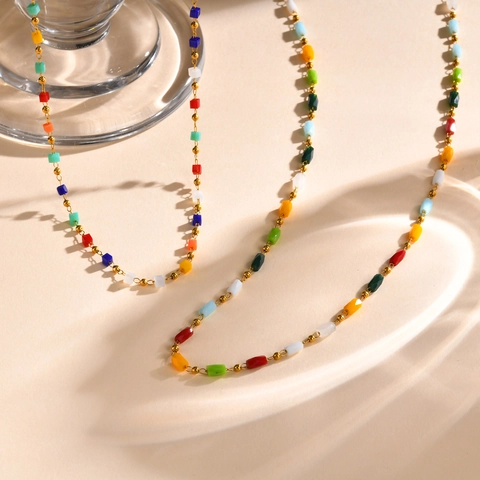 Stainless Steel Gold Plated Rainbow Beaded Necklace Bracelet Set Faceted Colorful Geometric Square Bead Jewelry For Women