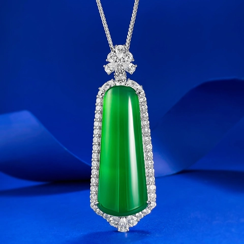 Collana con Ciondolo in Calcedonio Verde Smeraldo in Argento Sterling S925 per Donna Gioielli Vintage Geometrici con Strass