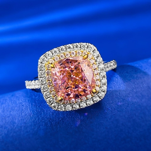 Lussuoso Anello in Argento Sterling 925 con Strass Rosa Taglio a Cuscino Doppio Halo Stile Padparadscha Anello di Fidanzamento Matrimonio Donna Gioielli