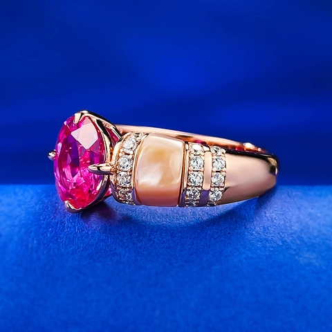 Vintage 925 Sterlingsilber Roségold Plattiert Oval Rubin Farbe Strass Ring Mit Rosa Muschel Inlay Retro Schmuck Für Damen