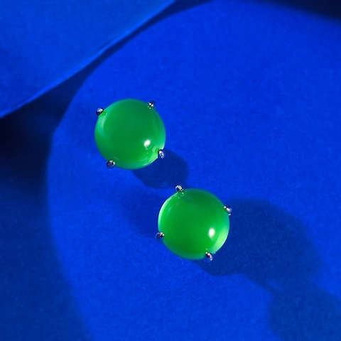 Orecchini a Bottone in Argento Sterling 925 Calcedonia Verde Artificiale Eleganti Orecchini con Strass per Donna Gioielli con Pietra Verde Rotonda