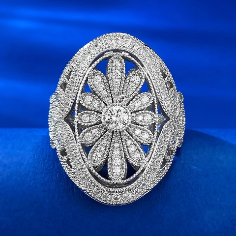 Vintage 925 Sterlingsilber Strass Blume Ring Für Damen Luxus Oval Floral Statement Ring Hochzeit Party Schmuck