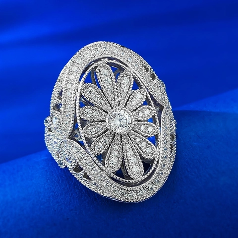 Vintage 925 Sterlingsilber Strass Blume Ring Für Damen Luxus Oval Floral Statement Ring Hochzeit Party Schmuck