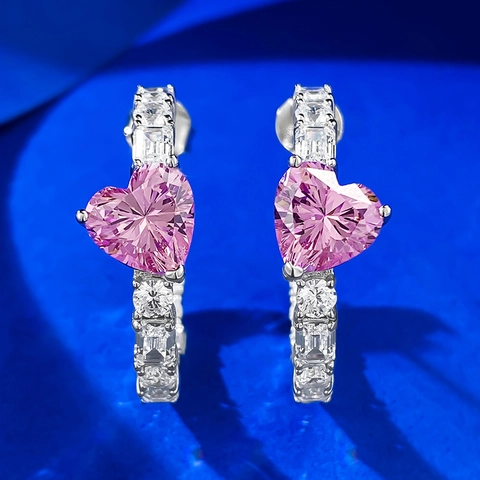 Pendientes de Aro de Corazón de Plata de Ley 925 Diamantes de Imitación Rosa Azul Incrustados Joyería de Moda Mujer Boda