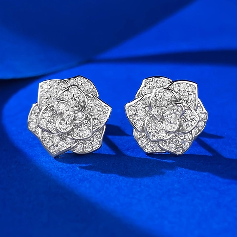 925 Sterling Silver Camellia Stud Earrings Exquisite Pave Rhinestone Rose Flower Earrings Elegant Jewelry For Women