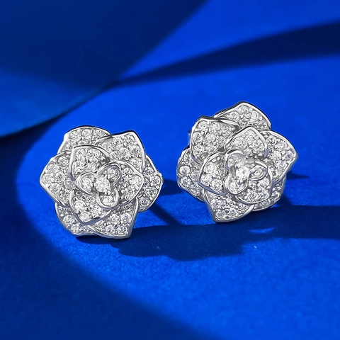 925 Sterling Silver Camellia Stud Earrings Exquisite Pave Rhinestone Rose Flower Earrings Elegant Jewelry For Women