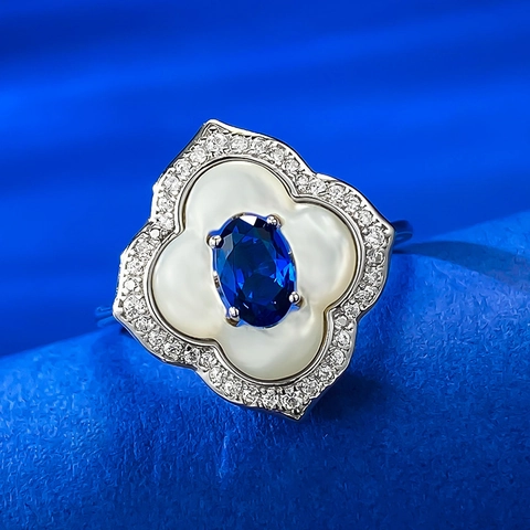 925 Sterling Silver Ring For Women Vintage Elegant Four-Leaf Clover Oval Blue Rhinestone Artificial Pearl Inlaid Finger Ring Jewelry Gift