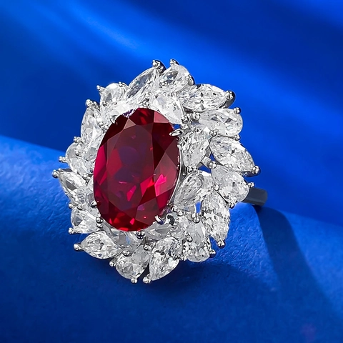 Bague en Argent Sterling 925 Rouge Sang de Pigeon Ovale en Strass Cluster Bague de Cocktail pour Femme Bijoux Luxueux