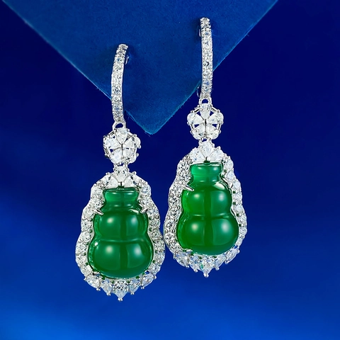 925 Sterling Silver Green Chalcedony Gourd Drop Earrings With Rhinestone Pave Oriental Aesthetic Jewelry For Women Luxury Lucky Earrings