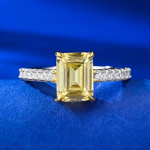 Luxurious 925 Sterling Silver Emerald Cut Yellow Rhinestone Ring For Women Vintage Pavé Geometric Fashion Jewelry Finger Ring