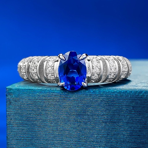 925 Sterling Silver Royal Blue Oval Rhinestone Ring For Women Elegant Luxurious Inlaid Geometric Wedding Banquet Jewelry Finger Ring