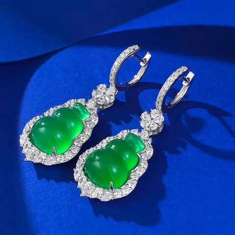 925 Sterling Silver Green Chalcedony Gourd Drop Earrings With Rhinestone Pave Oriental Aesthetic Jewelry For Women Luxury Lucky Earrings