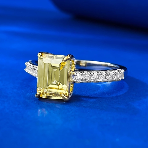 Luxurious 925 Sterling Silver Emerald Cut Yellow Rhinestone Ring For Women Vintage Pavé Geometric Fashion Jewelry Finger Ring