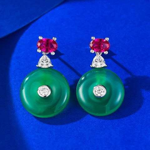 925 Sterling Silver Gold Plated Green Chalcedony Drop Earrings Retro Ping An Kou Rhinestone Inlaid Jewelry For Women