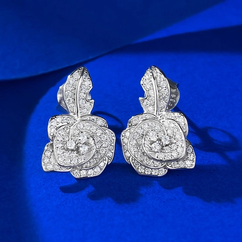 Orecchini a Bottone in Argento Sterling 925 Camelia Rosa per Donna Strass Intarsiato Squisito Elegante Fiore Gioielli Moda