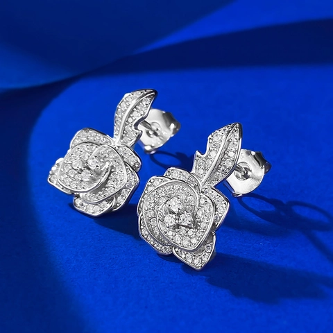 Orecchini a Bottone in Argento Sterling 925 Camelia Rosa per Donna Strass Intarsiato Squisito Elegante Fiore Gioielli Moda
