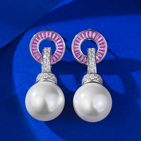 925 Sterling Silver Artificial Pearl Drop Earrings Purple Rhinestone Inlaid Detachable Versatile Jewelry For Women