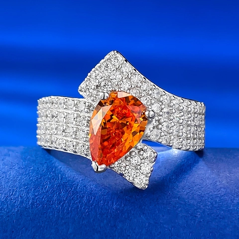Luxueuse Bague en Argent Sterling 925 Avec Strass Pavé Orange Taille Poire pour Femme Élégante Mode Fiançailles Mariage Bijoux