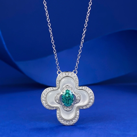 925 Sterlingsilber Vierblättriges Kleeblatt Halskette Paraiba Grüne Steine Anhänger Mit Perlmutt Strass Für Damen Schmuck